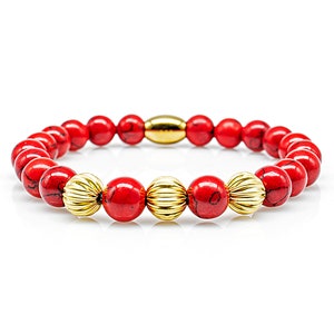 Turquoise Bracelet Pearl Bracelet Red Beads Ball 24k Gold Plated 8 mm Stainless Steel