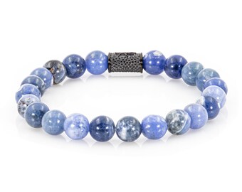 Pulseira de sodalita, pulseira de contas, azul, para mulheres e homens, aço inoxidável de 8 mm