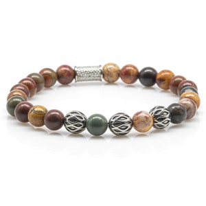 Jasper Bracelet Bracelet Pearl Bracelet Picasso Beads Ball Women Men 8 mm stainless steel