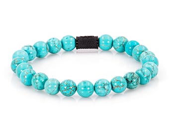 Pulseira turquesa, pulseira de contas para mulheres e homens, aço inoxidável de 8 mm