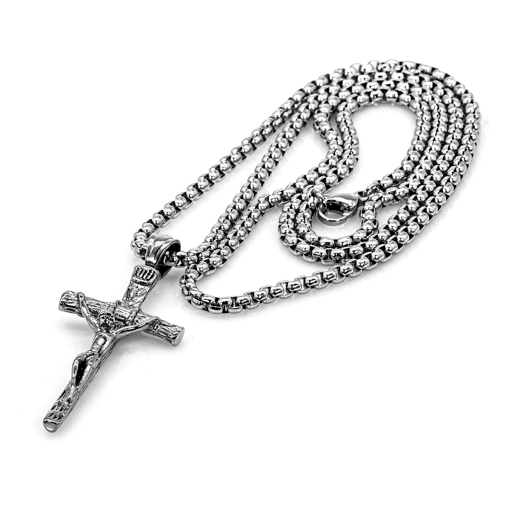 Pendentif Collier Croix Chrétienne Jesus Acier Inoxydable Argenté - Chapelet Ou Bijou Religieux