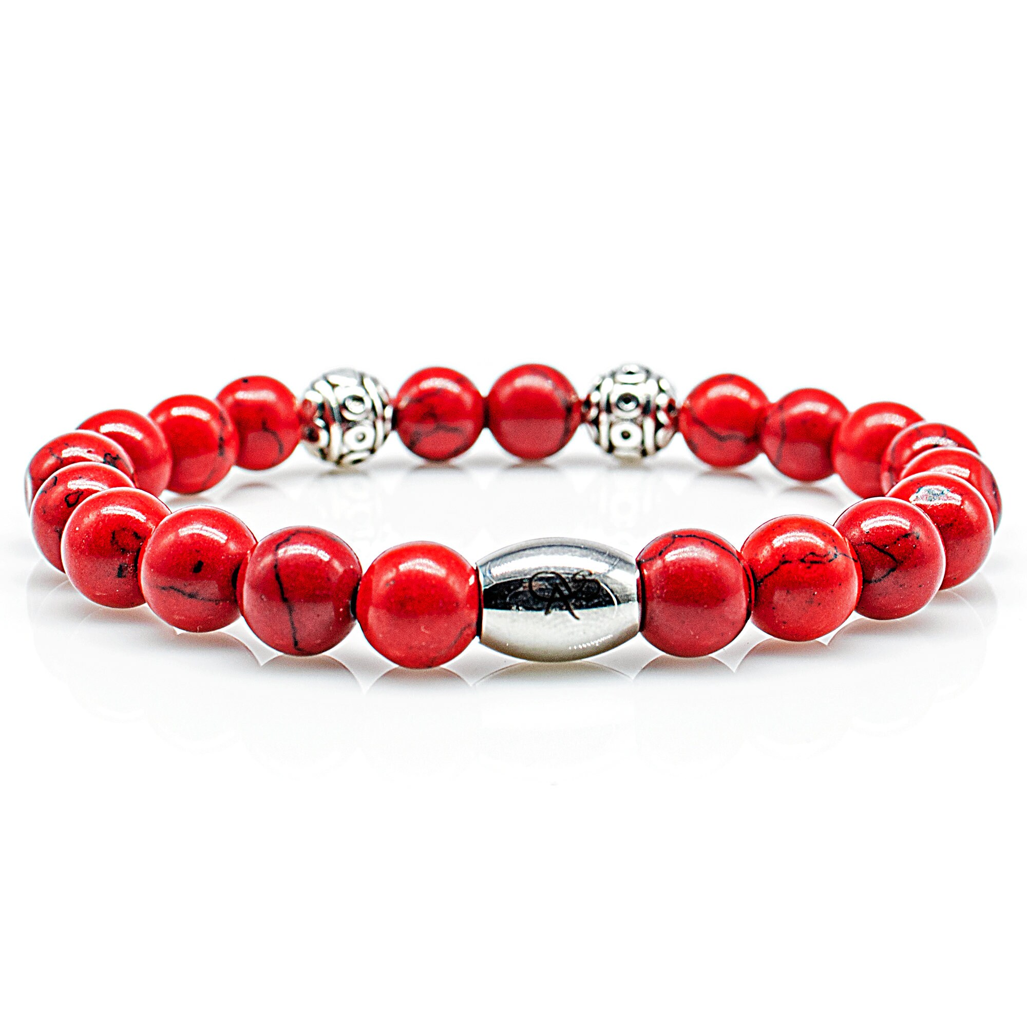 Turquoise Bracelet, Beaded Bracelet, Red Beads, 8 Mm Stainless