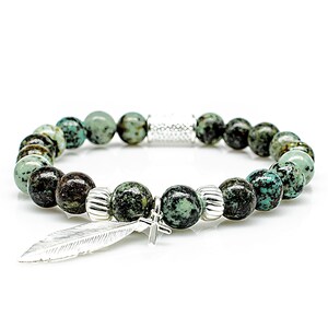 African Turquoise 925 Sterling Silver Bracelet Bead Bracelet Green Pendant Feather Cross 8 mm