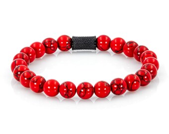 Pulseira turquesa, pulseira de contas vermelhas para mulheres e homens, aço inoxidável de 8 mm
