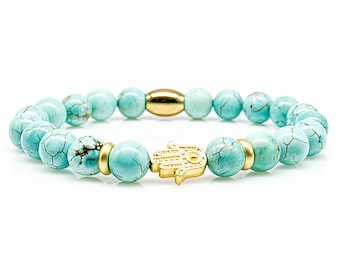 Türkis Armband Bracelet Perlenarmband Fatima 24k vergoldet 8mm Edelstahl