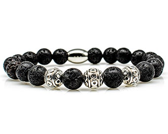 Lava bracelet Bracelet Pearl bracelet black beads ball silver 8 mm stainless steel