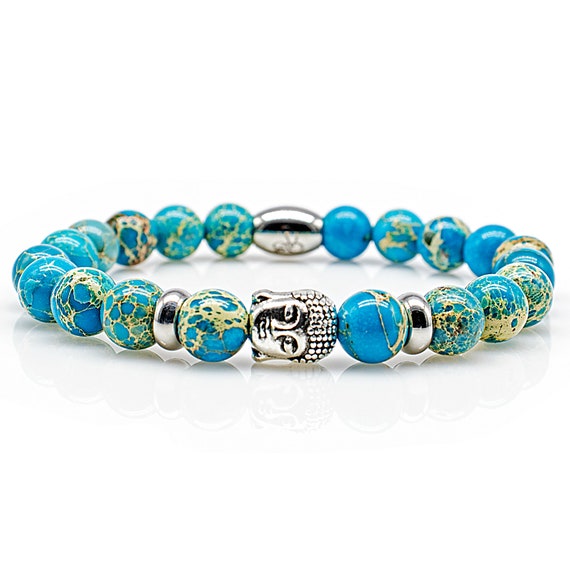 Jaspis Armband Bracelet Perlenarmband Buddhakopf silber 8mm blau Edelstahl 