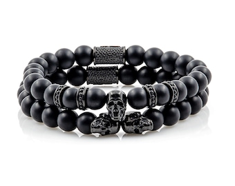 Pulseira Onyx Matt, Pulseira de Contas, Pulseira Preta Memento Mori Edition, Pulseira Dupla Preta Skull Stack de 8 mm em Aço Inoxidável