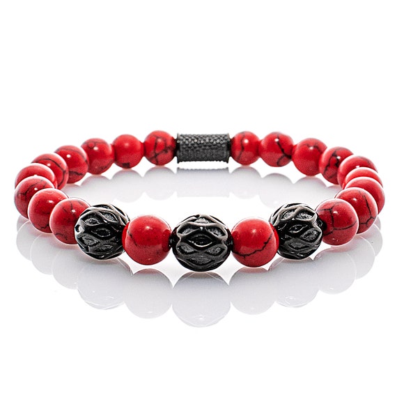 Turquoise Bracelet, Beaded Bracelet, Red Beads, Black Ball, 8 Mm