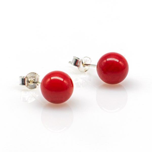 Earring 925 Sterling Silver Red Coral Beads 8 mm