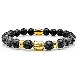 Lava Armband Armband Parel armband zwart Boeddha hoofd 24k goud verguld 8 mm RVS