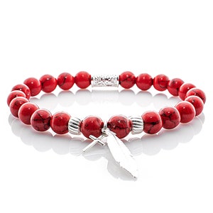 Turquoise 925 Sterling Silver Bracelet Pearl Bracelet Red Pendant Feather Cross 8 mm