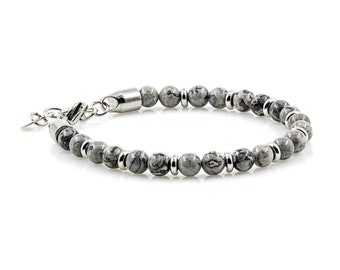 Jasper bracelet bracelet pearl bracelet gray carabiner 6 mm stainless steel extension