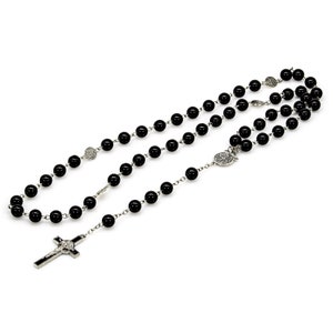 Chain Necklace Rosary with Cross 8 mm Black Glass Beads Length approx. 70 cm Pearl Necklace Rosary Women Men