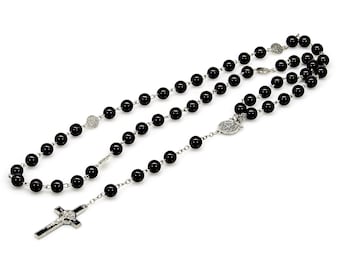 Chain Necklace Rosary with Cross 8 mm Black Onyx Beads Length approx. 70 cm Pearl Necklace Rosary Women Men