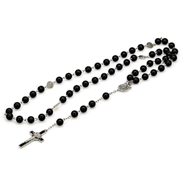Kette Halskette Rosenkranz mit Kreuz 8mm Schwarze Onyx Perlen Länge ca. 70cm Perlenhalskette Rosenkranz Damen Herren