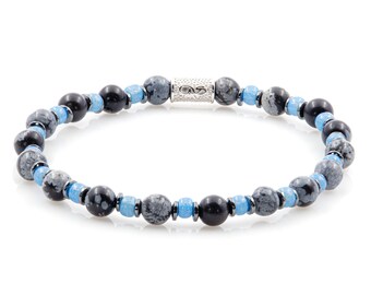 Pulseira de Obsidiana Floco de Neve 6 mm, Pulseira de Contas com Contas Miyuki e Hematita, Feminina e Masculina, Prata de Lei 925, Diversas Cores