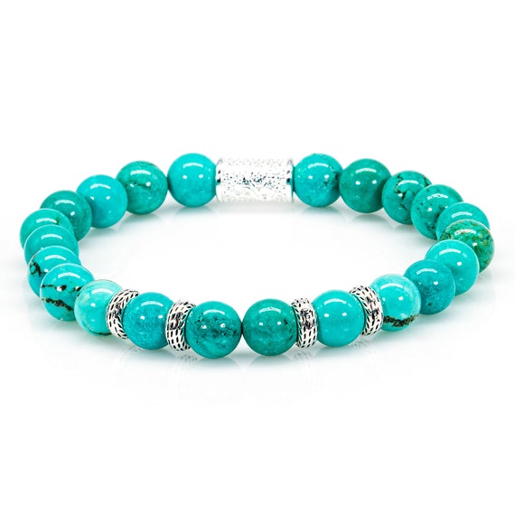 Turquoise 925 Sterling Silver Bracelet, Beaded Bracelet, 8 Mm