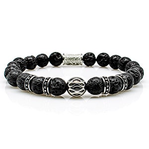 Lava bracelet Bracelet Pearl bracelet black beads ball silver 8 mm stainless steel
