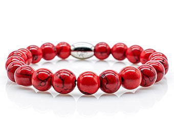 Turquoise bracelet, red beaded bracelet for women and men, 8 mm stainless steel