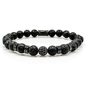 Lava bracelet Bracelet Pearl bracelet black beads ball 8 mm stainless steel CZ