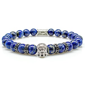 Lapis lazuli bracelet pearl bracelet AAA/AAAAA quality blue skull silver 8 mm stainless steel