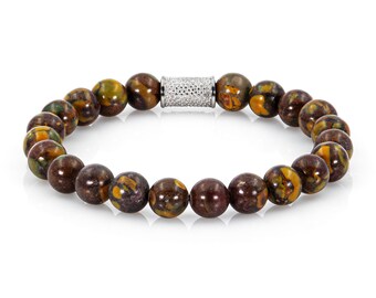 Pulseira de contas de opala arco-íris, preta, feminina/masculina, 8 mm, aço inoxidável