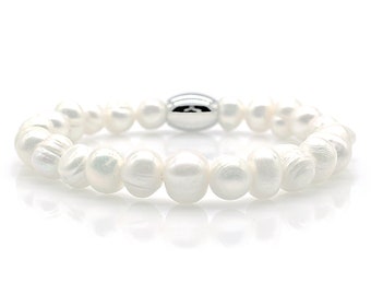 Süßwasserperlen Armband Bracelet Perlenarmband Weiß Damen Herren ca. 8mm Edelstahl