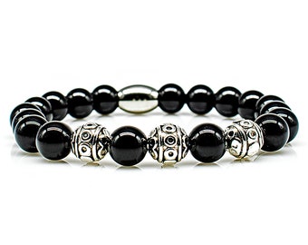 Onyx bracelet Bracelet pearl bracelet black beads ball silver 8 mm stainless steel
