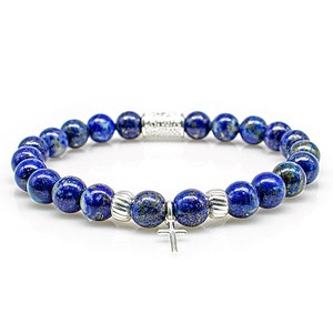 Lapis lazuli 925 sterling silver bracelet pearl bracelet AAA/AAAAA quality blue pendant cross 8 mm