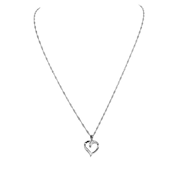 Twisted Curb Necklace 1.5mm Heart Pendant CZ Stones 925