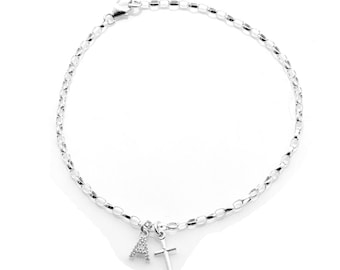 Pulseira Rolo de 2,4 mm com letras, cruz de zircônia, prata de lei 925, pulseira feminina/masculina