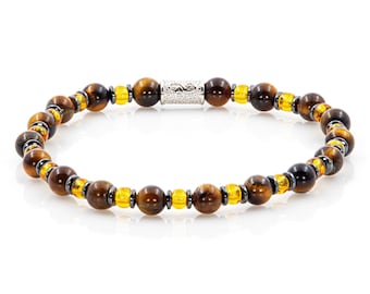 Pulseira de Olho de Tigre 6 mm, Contas Miyuki, Hematita, Unissex, Prata de Lei 925, Diversas Cores