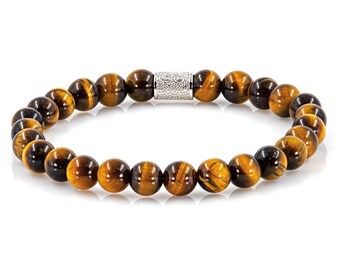 Pulseira de prata esterlina 925 com olho de tigre, pulseira de contas com acabamento rústico de 8 mm