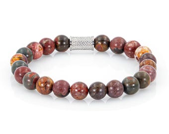 Pulseira de Jaspe, Pulseira de Contas, Estilo Picasso, Feminina e Masculina, Aço Inoxidável 8 mm
