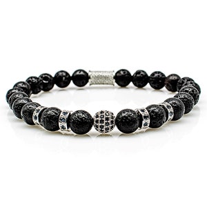 Lava bracelet Bracelet Pearl bracelet black beads ball silver 8 mm stainless steel CZ