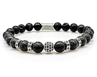 Lava Armband Bracelet Perlenarmband schwarz Beads Kugel silber 8mm Edelstahl CZ