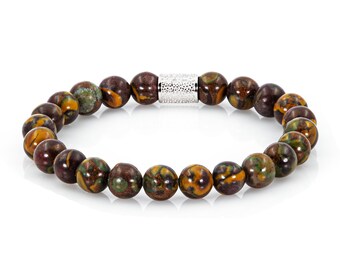 Pulseira de contas de opala arco-íris, preta, feminina/masculina, 8 mm, prata de lei 925