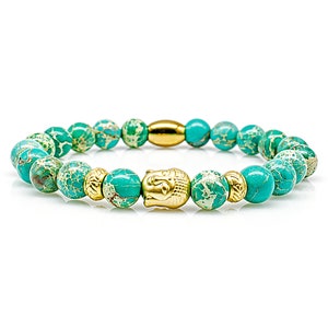 Jasper bracelet pearl bracelet green Buddha head 24k gold plated 8 mm stainless steel