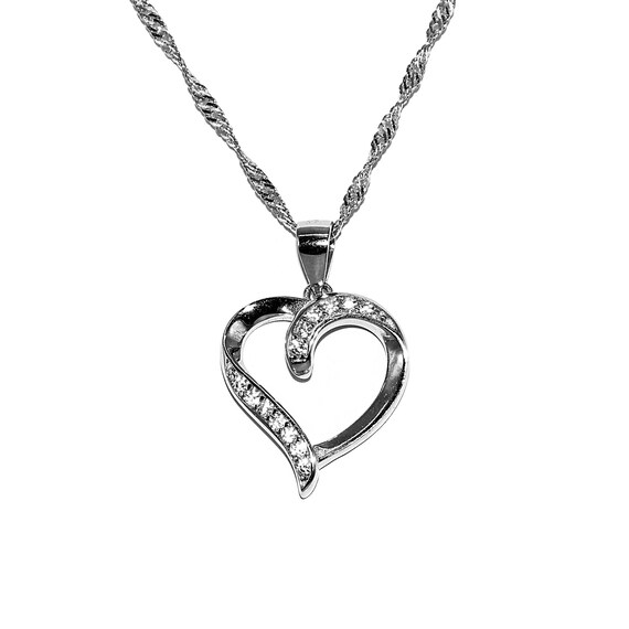 Twisted Curb Necklace 1.5mm Heart Pendant CZ Stones 925