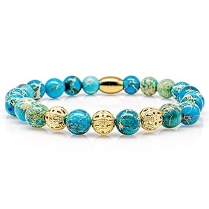 Jasper bracelet Bracelet pearl bracelet blue beads ball 24k gold plated 8 mm stainless steel