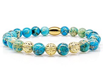 Jasper bracelet Bracelet pearl bracelet blue beads ball 24k gold plated 8 mm stainless steel