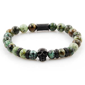 African Turquoise Bracelet Beaded Bracelet Skull Black 8 mm Stainless Steel