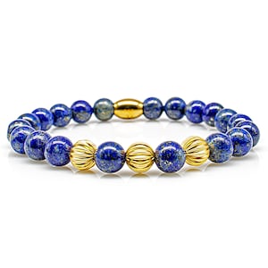 Lapis Lazuli Bracelet Pearl Bracelet AAA/AAAAA Quality Blue Beads Ball 24k Gold Plated 8mm Stainless Steel
