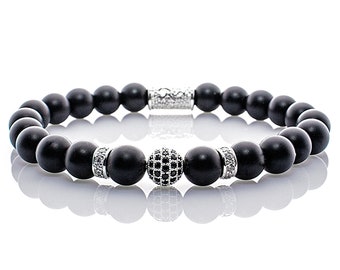 Onyx 925 Sterling Silver Bracelet, Beaded Bracelet, Matte Black