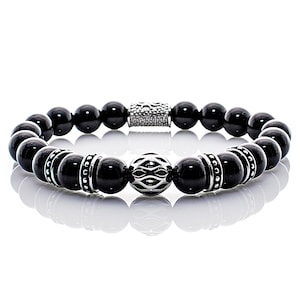 Onyx Bracelet Pearl Bracelet Black Beads Ball Silver 8 mm Stainless Steel