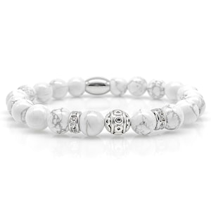 Howlite Bracelet Pearl Bracelet Class A+ Beads Ball Silver 8 mm Stainless Steel Rhinestone