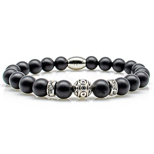 Onyx bracelet pearl bracelet black matt beads ball silver 8 mm stainless steel rhinestone