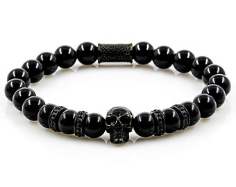 Onyx bracelet Bracelet Pearl bracelet black Skull black 8 mm stainless steel