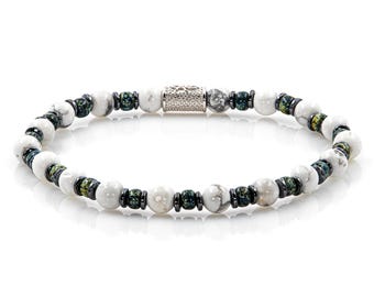 Pulseira de Howlita 6 mm, Pulseira de Contas, Contas Miyuki, Hematita, Feminina e Masculina, Prata de Lei 925, Diversas Cores